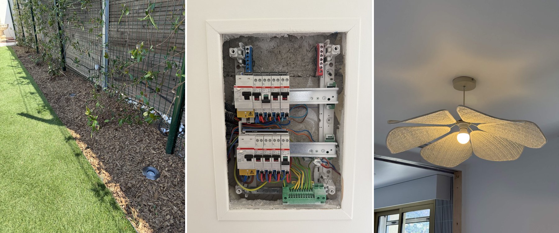 Réalisations Elecprium en électricité générale : éclairage extérieur de jardin, tableau électrique en cours de rénovation et plafonnier design installé