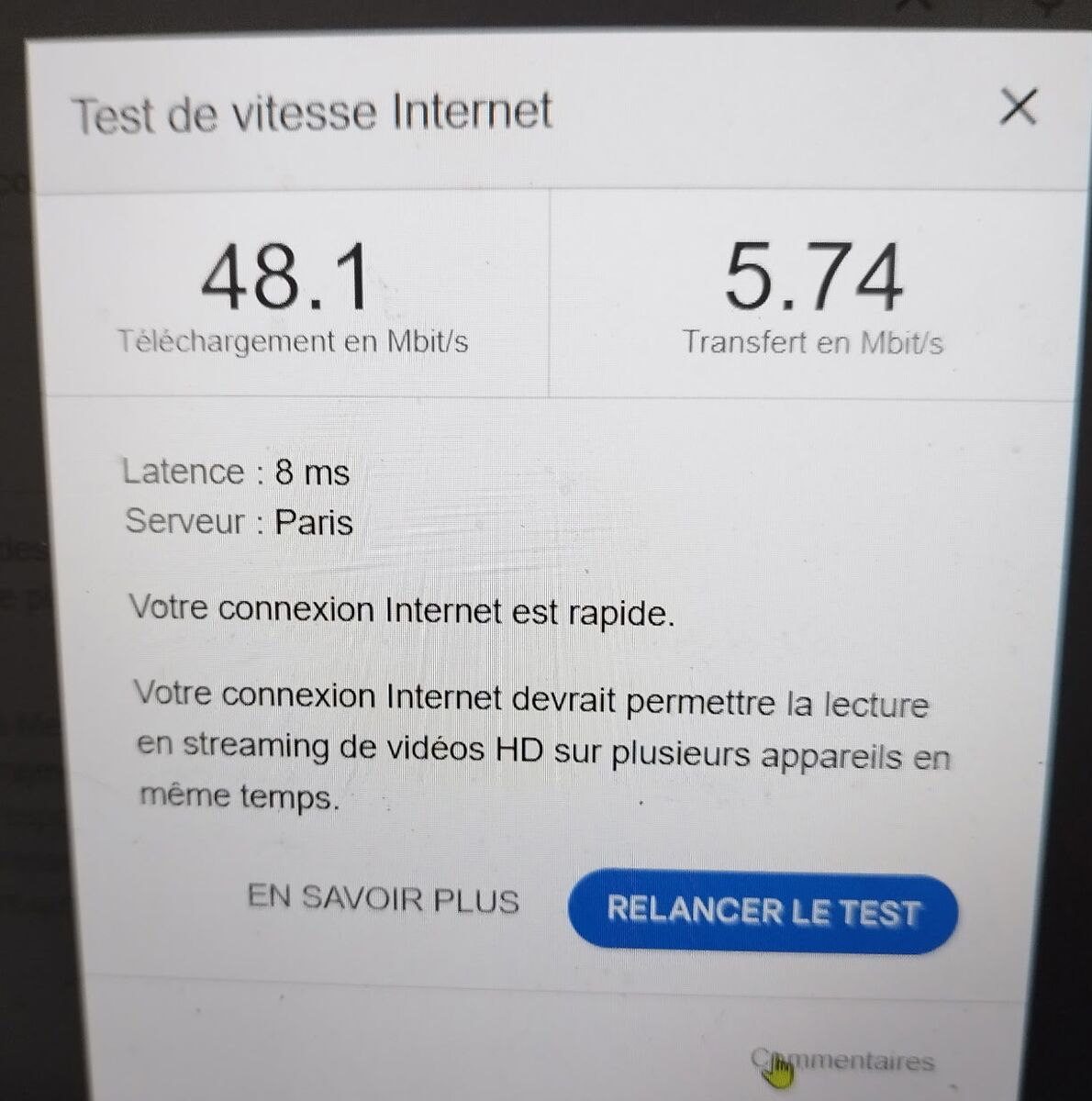 Geschwindigkeitstest über WLAN vor der Starlink-Installation: alte Internetverbindung des Kunden mit 48,1 Mbps im Download und 5,74 Mbps im Upload