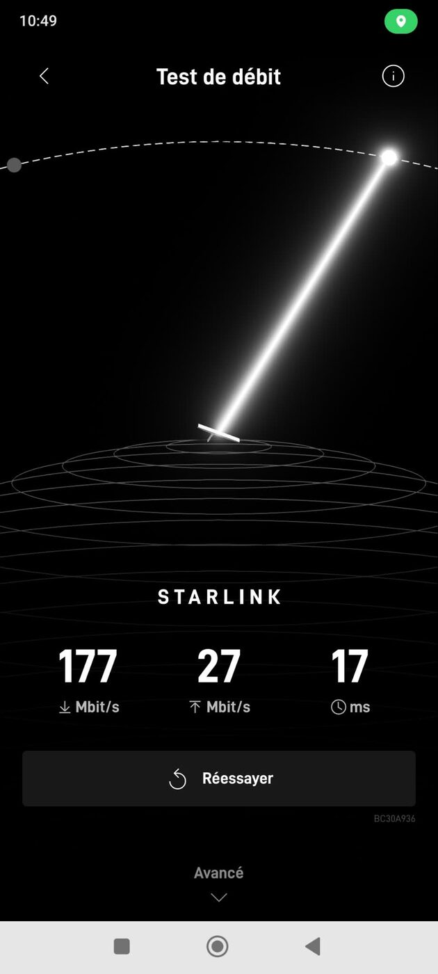 نتيجة اختبار السرعة في تطبيق Starlink، أُجري عبر Wi-Fi أثناء الإعداد، وتُظهر 177 ميجابت في الثانية تحميلاً و27 ميجابت في الثانية رفعاً